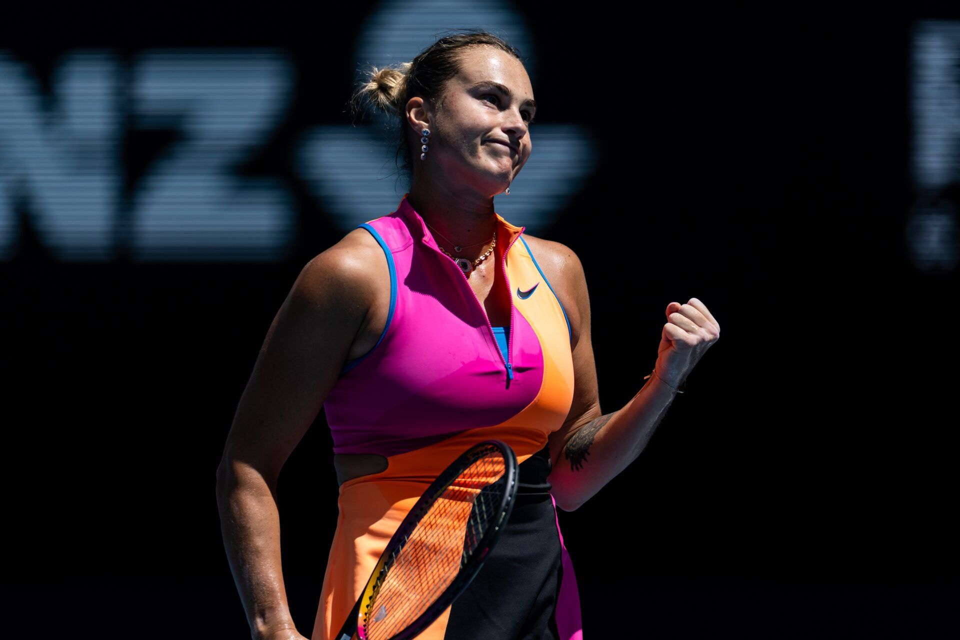 Aryna Sabalenka in action against Zhuoxuan Bai of China in the second round of the women’s singles at the Australian Open at Rod Laver Arena in Melbourne Park.
