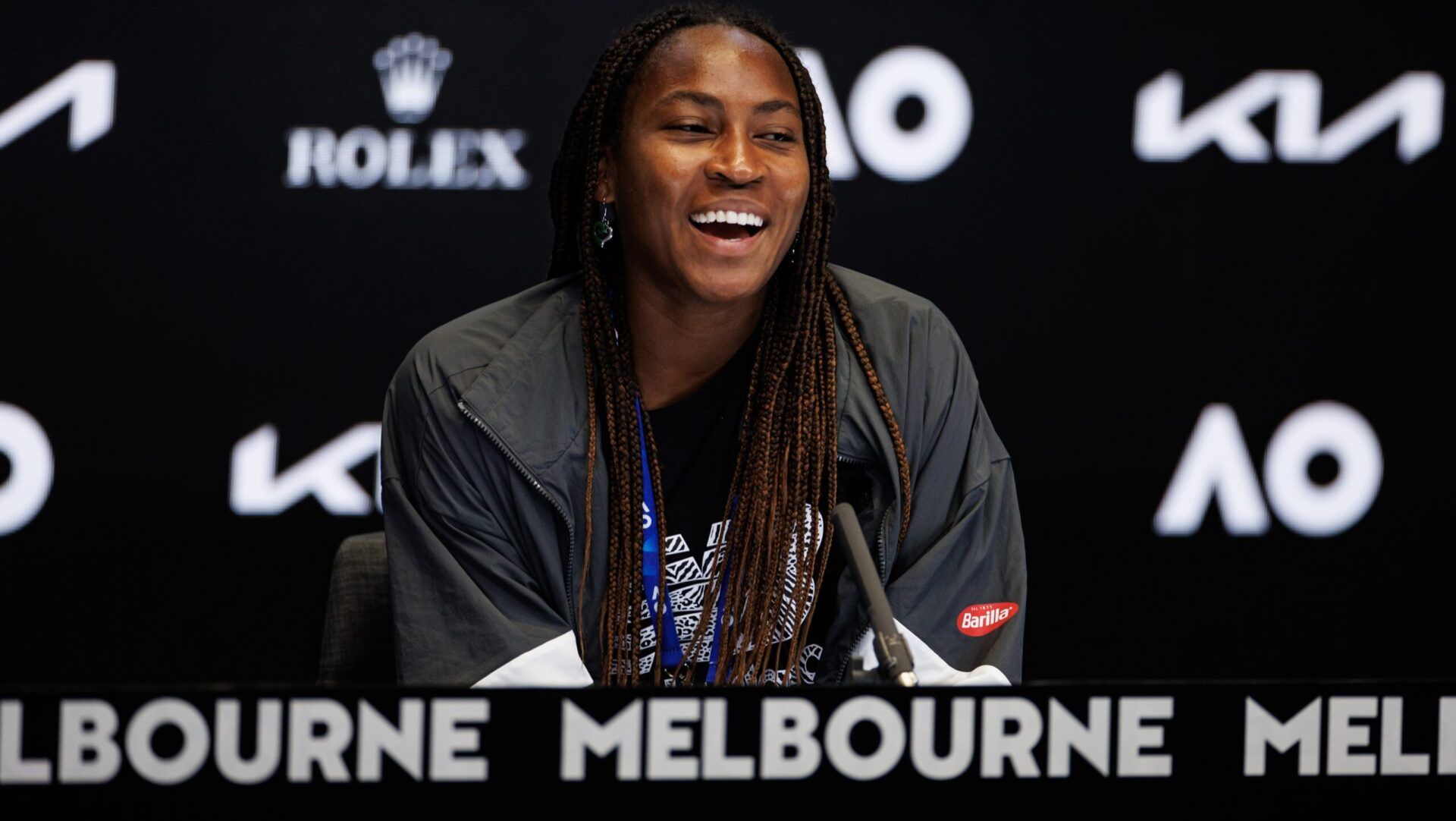 Coco Gauff of the United States holds a press conference after her victory over Emma Raducanu of Great Britain in the second round of the womens singles on day three of the 2023 Australian Open tennis tournament at Melbourne Park.