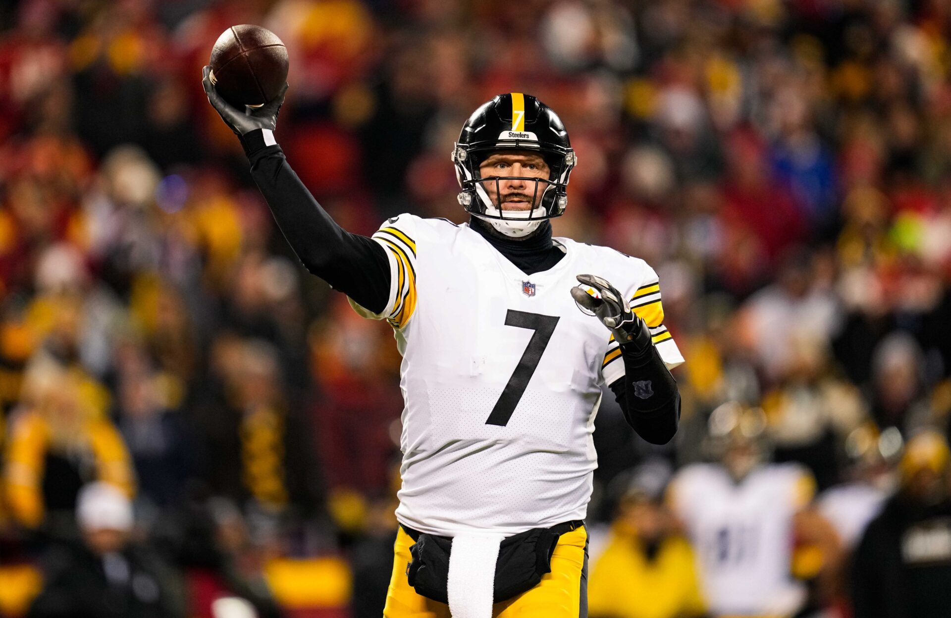 Pittsburgh Steelers quarterback Ben Roethlisberger (7) throws a pass against the Kansas City Chiefs during the second half in an AFC Wild Card playoff football game at GEHA Field at Arrowhead Stadium.