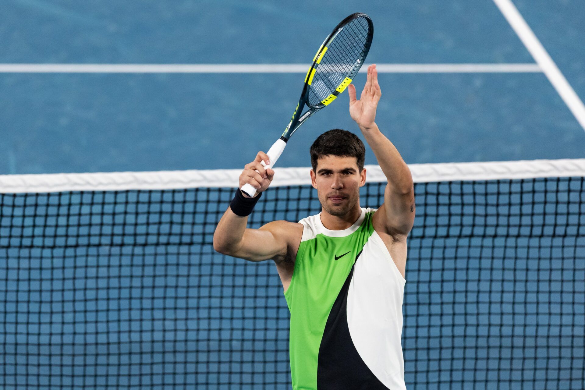 Carlos Alcaraz of Spain celebrates his victory over Adam Walton of Australia in the first round of the men’s singles at the Australian Open at Rod Laver Arena in Melbourne Park.