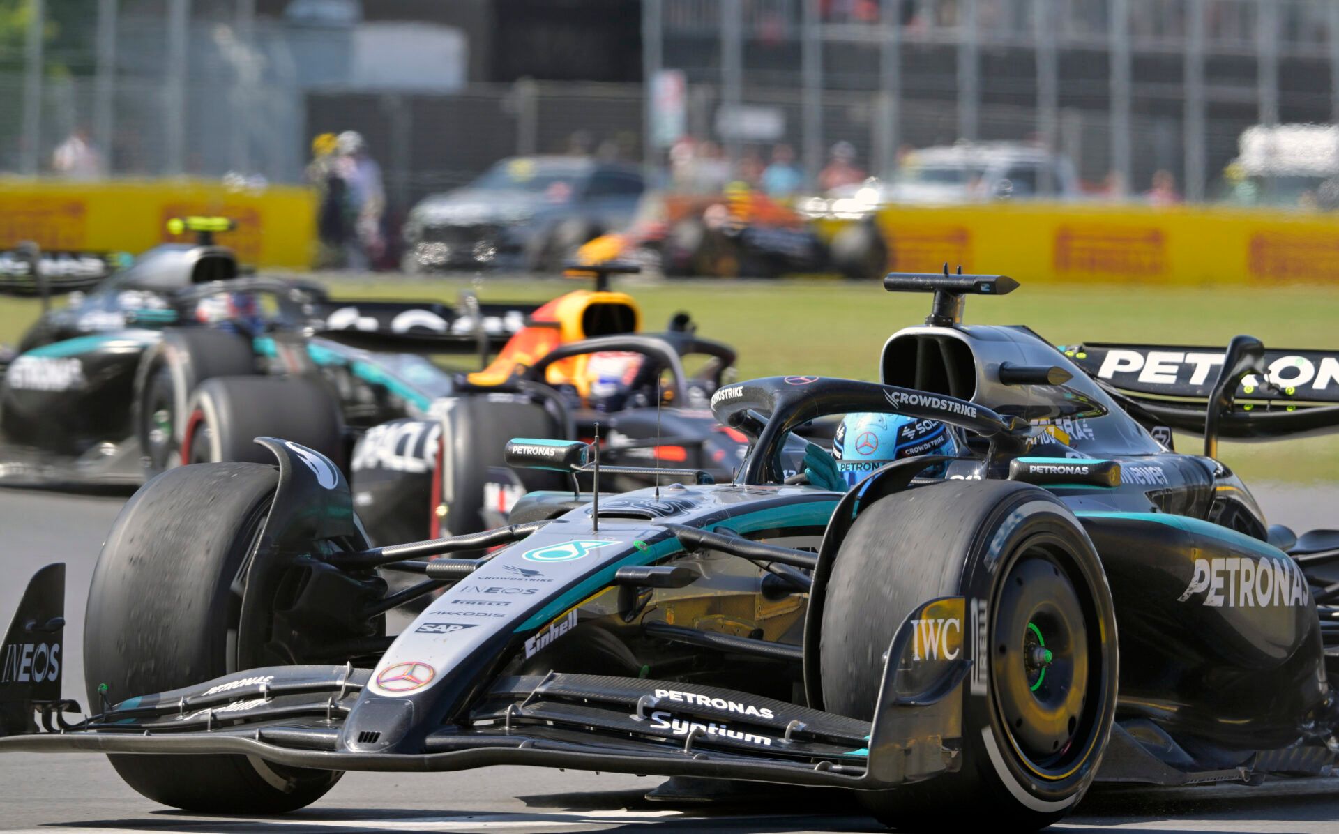 Mercedes driver George Russell (63) waves after winning the F1 Montreal Grand Prix at Circuit Gilles-Villeneuve.