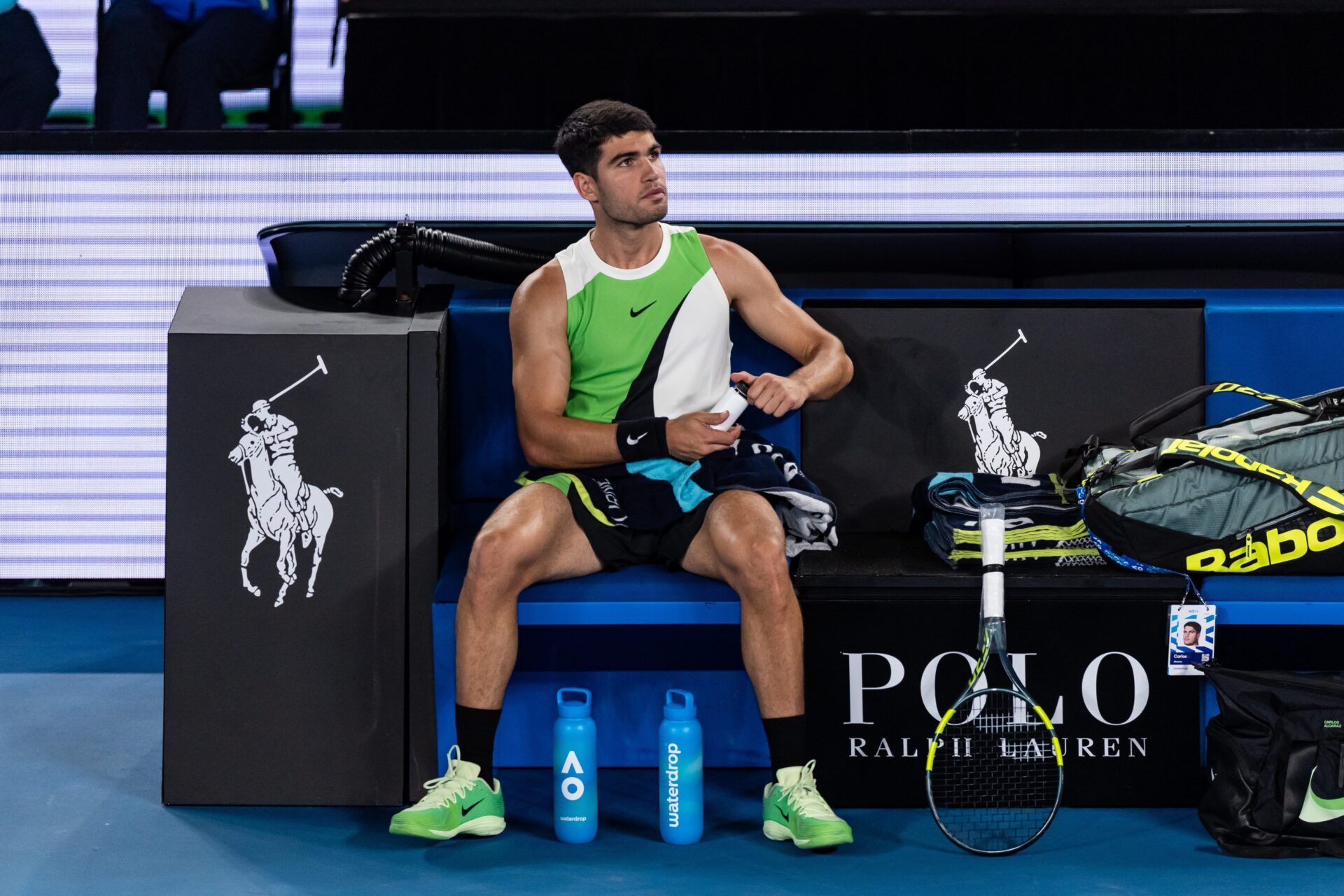 Carlos Alcaraz of Spain in action against Adam Walton of Australia in the first round of the men’s singles at the Australian Open at Rod Laver Arena in Melbourne Park.