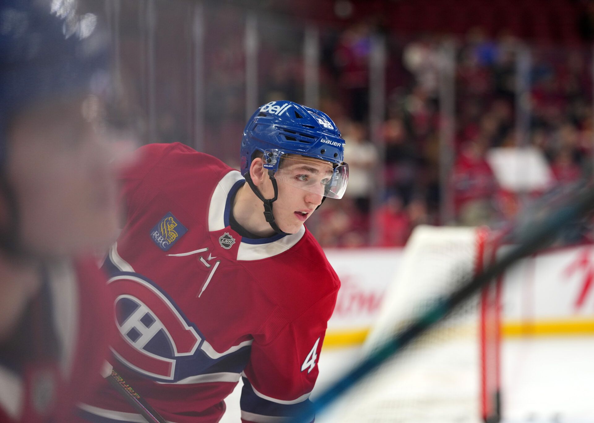 Montreal Canadiens defenseman Lane Hutson (48) skates during the warmup before the game against the Minnesota Wild at the Bell Centre.