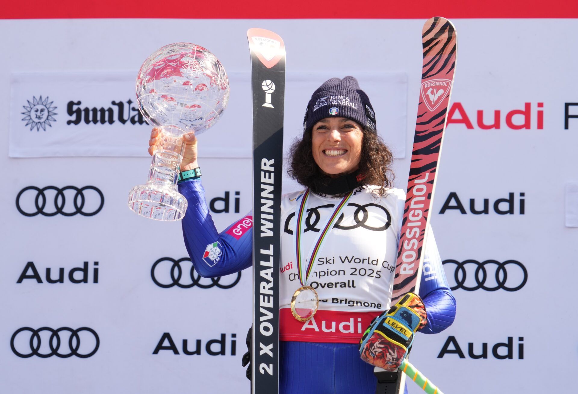 World Cup overall champion Federica Brignone of Italy celebrates with the crystal globe after the 2025 FIS Ski World Cup at Sun Valley.
