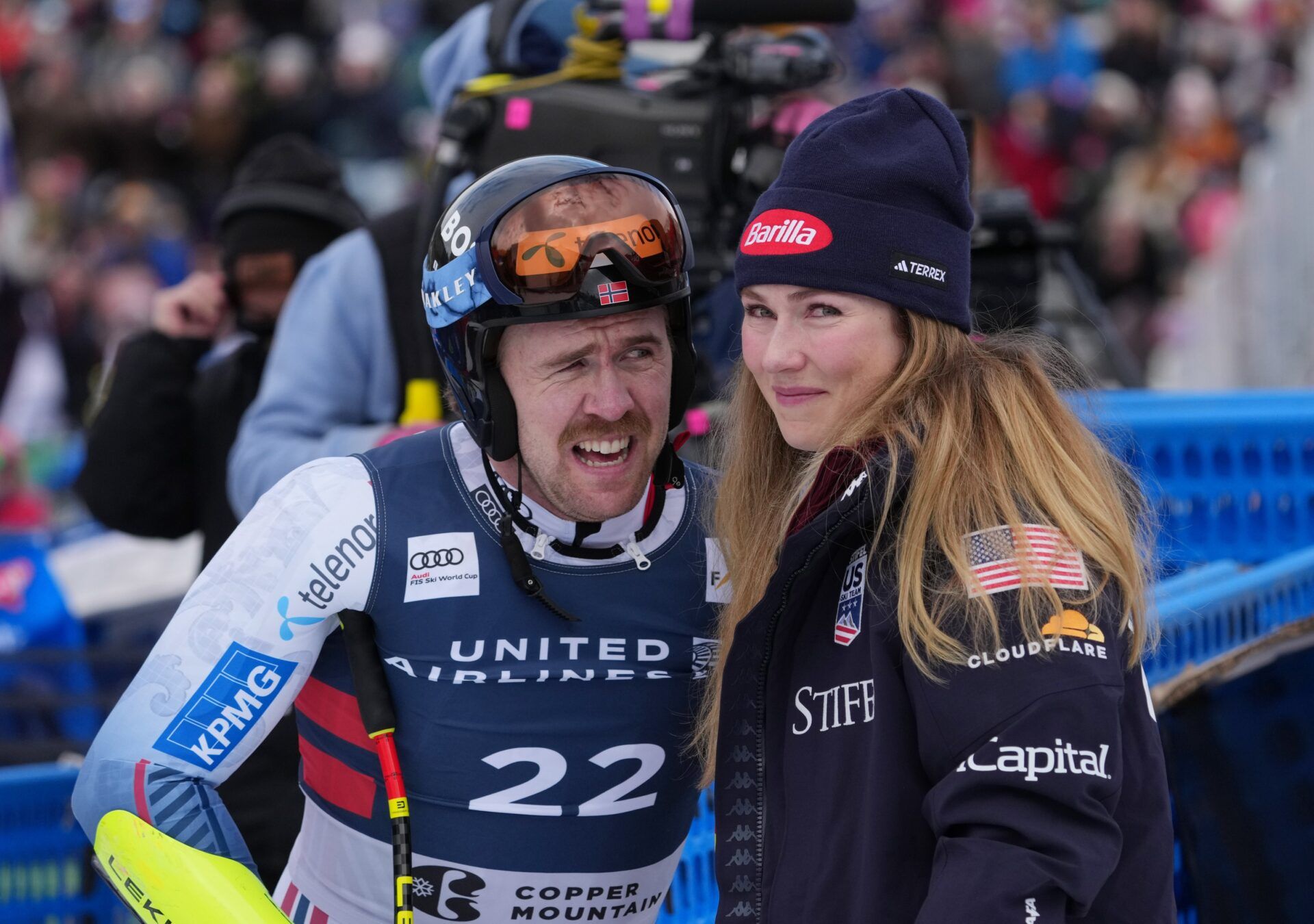 Aleksander Aamodt Kilde of Norway with Mikaela Shiffrin in the finish area after the men's Super G alpine skiing race at the Stifel Copper Cup at Copper Mountain.