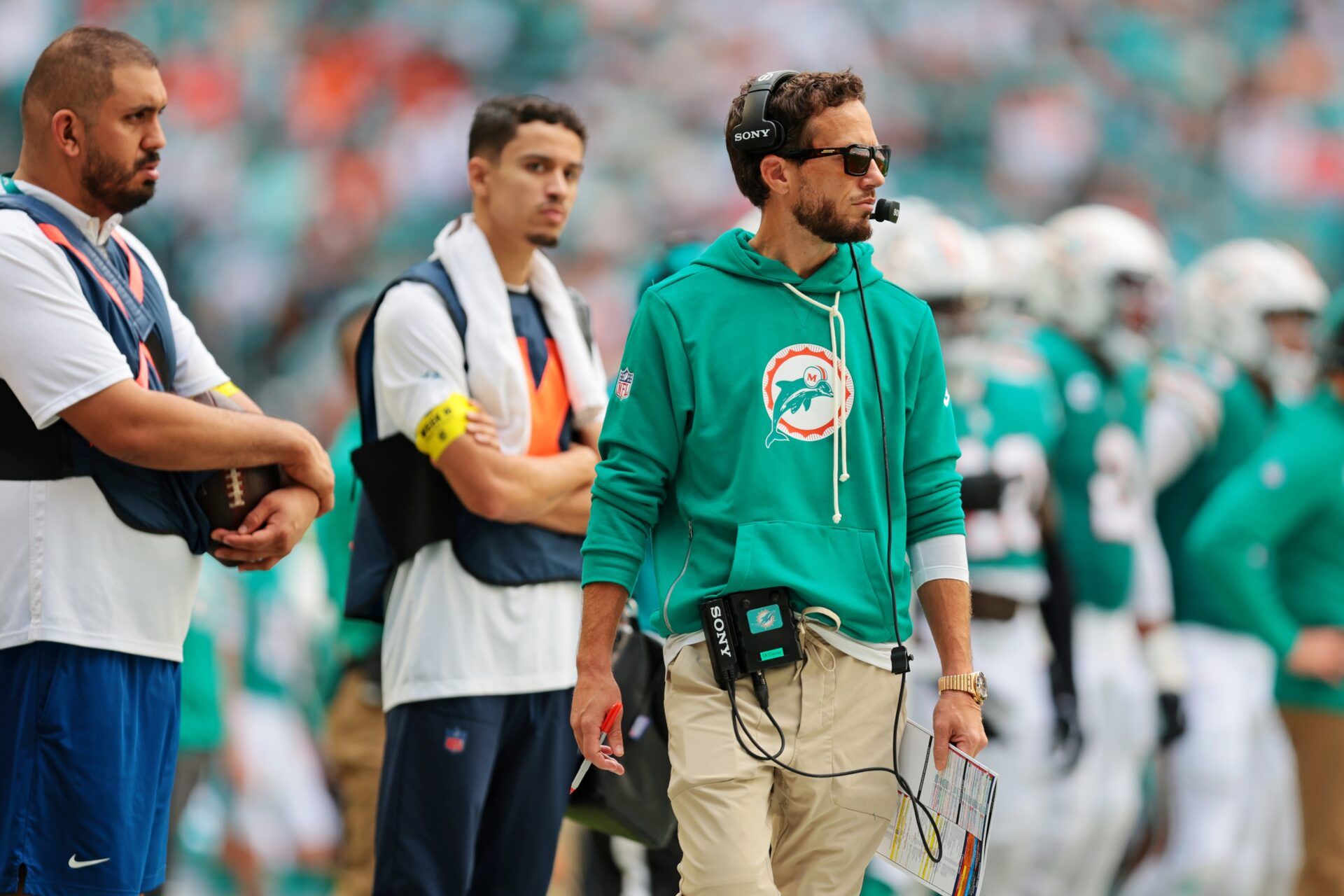 Miami Dolphins head coach Mike McDaniel looks on during the second quarter against the Cincinnati Bengals at Hard Rock Stadium.