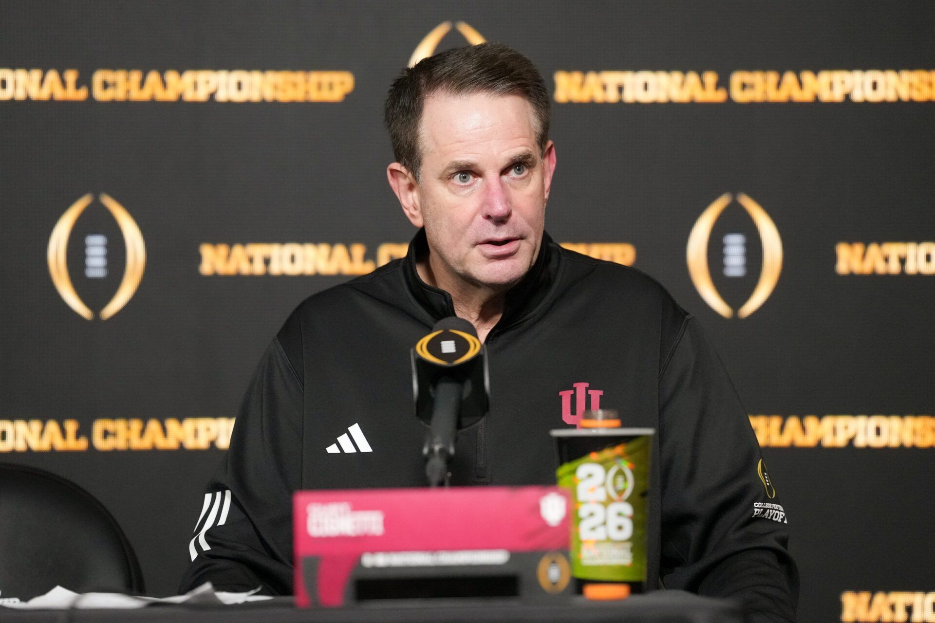 Indiana Hoosiers head coach Curt Cignetti speaks to the media after the College Football Playoff National Championship game against the Miami Hurricanes at Hard Rock Stadium.