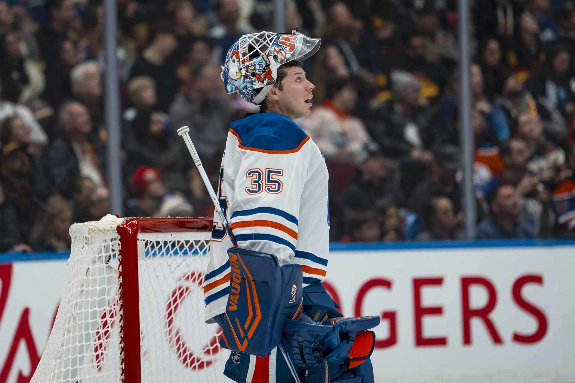 Edmonton Oilers goalie Tristan Jarry (35) during a stop in play against the Vancouver Canucks in the second period at Rogers Arena.