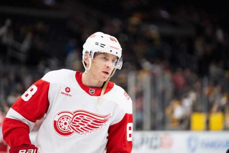 Detroit Red Wings right-winger Patrick Kane (88) skates during warm ups before a game against the Boston Bruins at TD Garden.