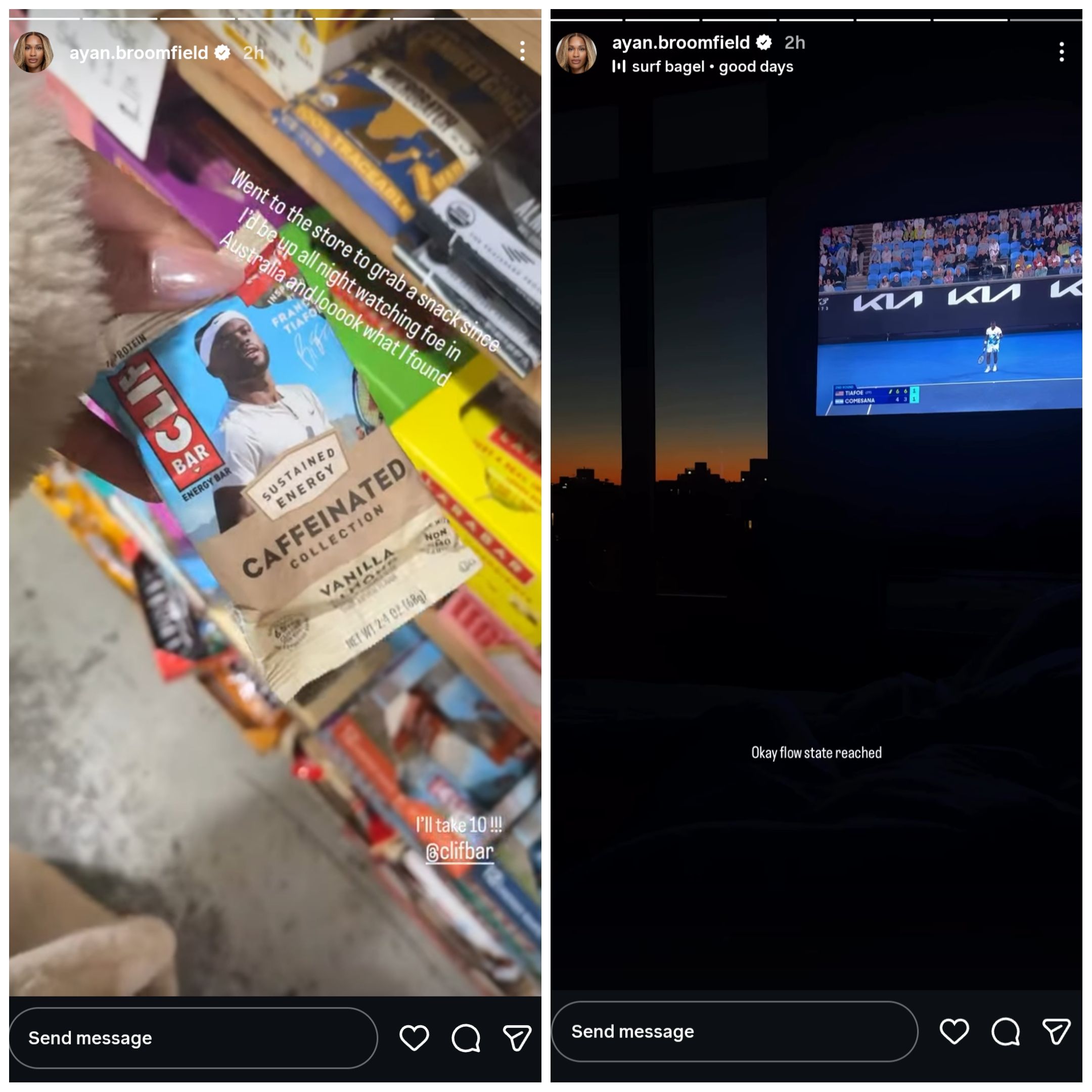 Screen grab of Frances Tiafoe's girlfriend Ayan Broomfield's Instagram stories
