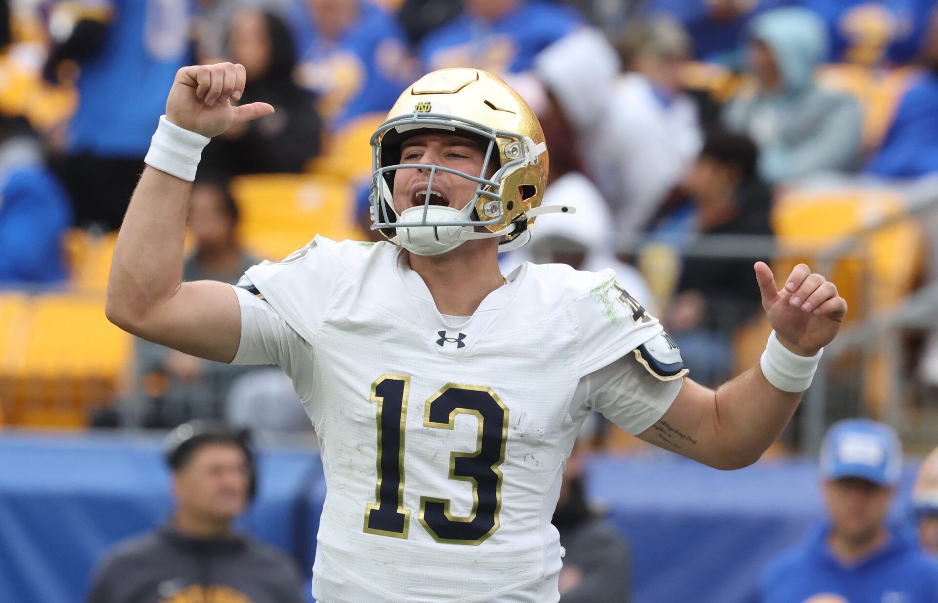 Notre Dame Fighting Irish quarterback CJ Carr (13) calls an audible at the line of scrimmage against the Pittsburgh Panthers during the fourth quarter at Acrisure Stadium.