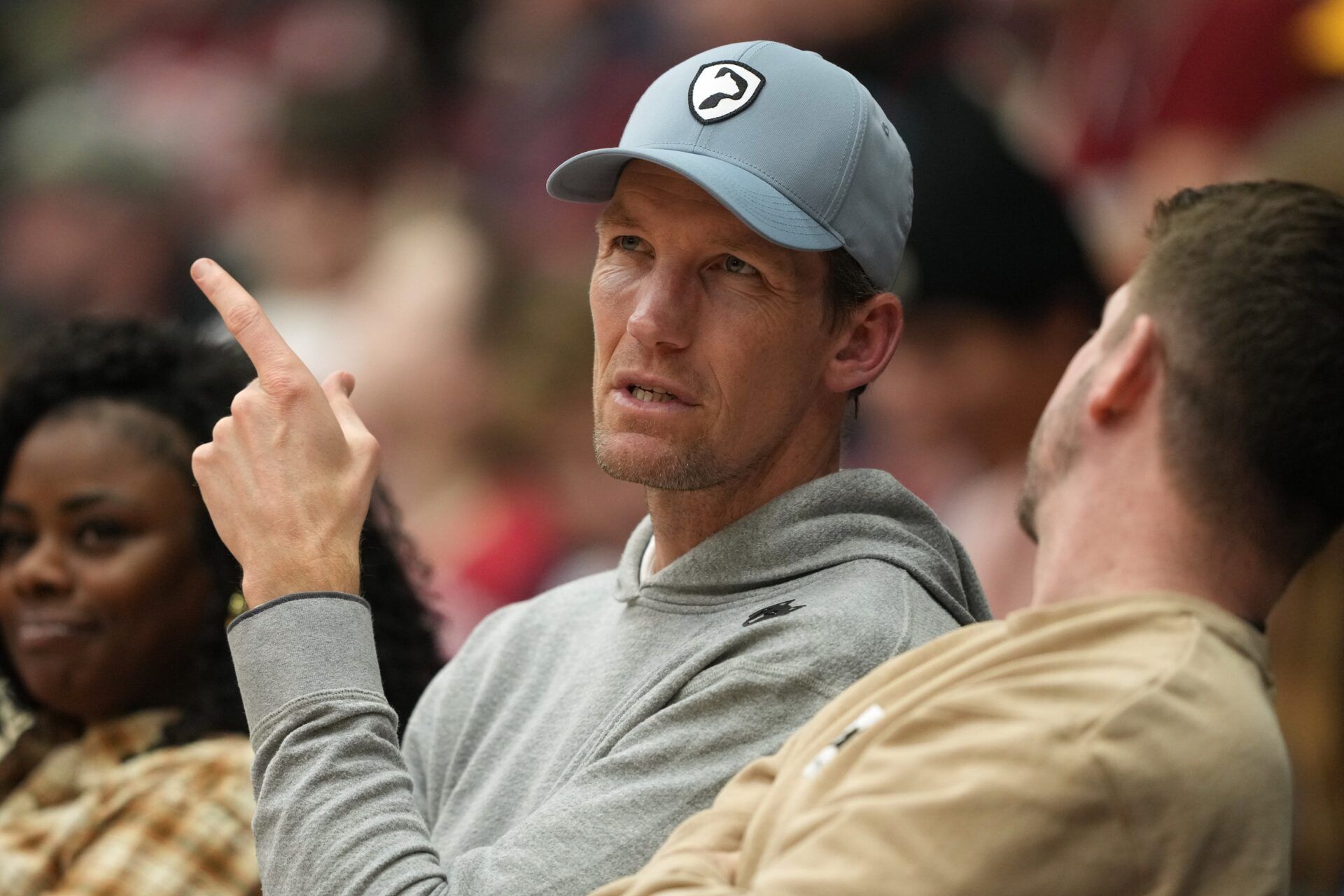 Golden State Warriors general manager Mike Dunleavy Jr. sits courtside during the first half of the game between the Stanford Cardinal and the CSUN Matadors at Maples Pavilion.