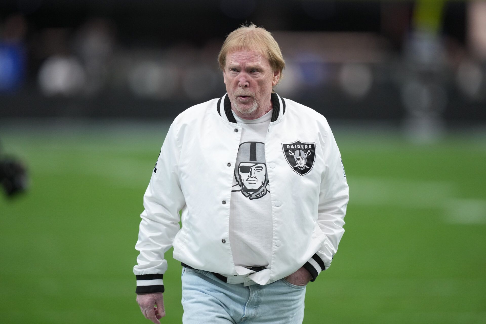 Las Vegas Raiders owner Mark Davis on the field prior to a game against the New York Giants at Allegiant Stadium.