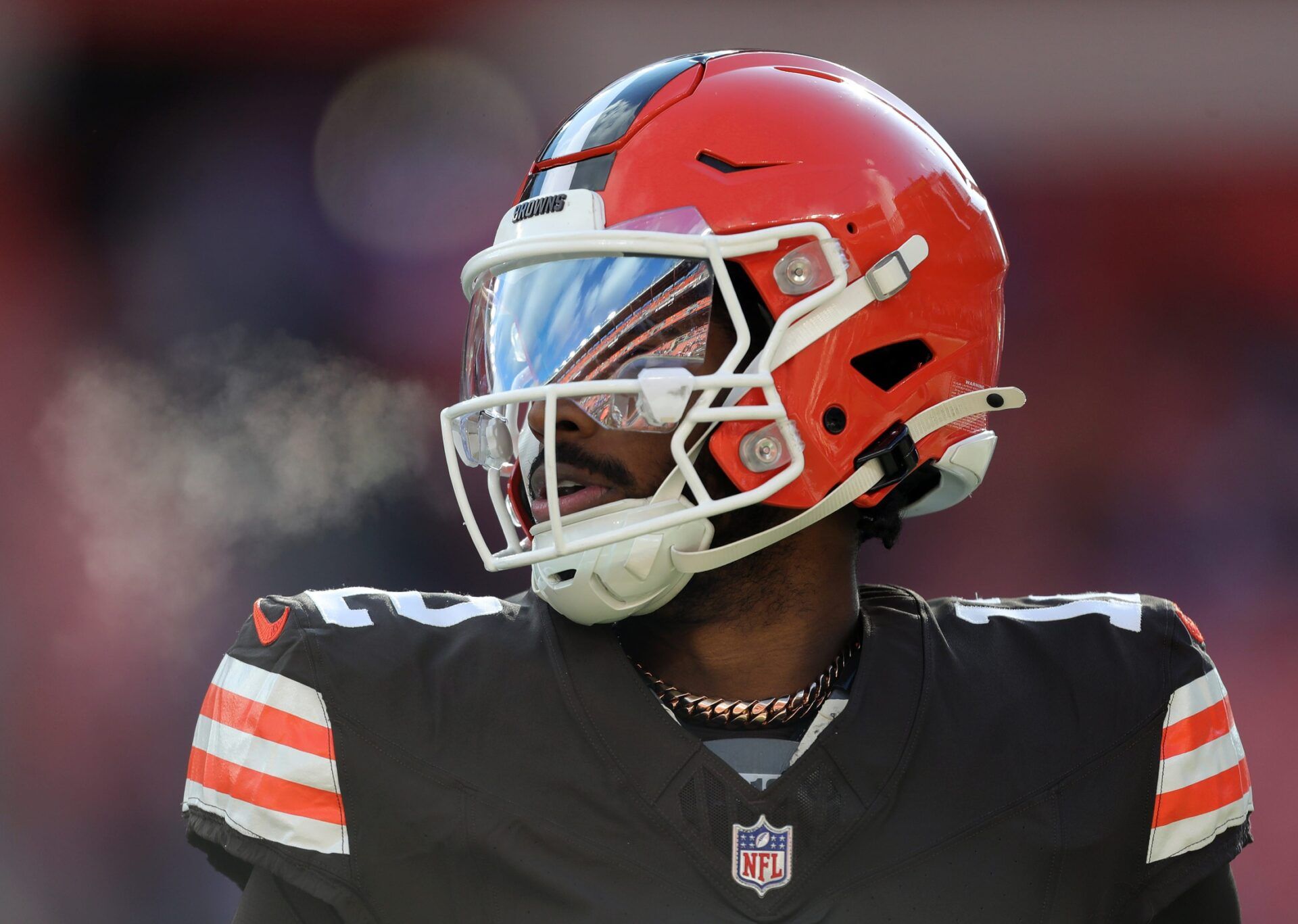 Cleveland Browns quarterback Shedeur Sanders (12)’ surveys the field before an NFL football game at Huntington Bank Field, Dec. 21, 2025, in Cleveland, Ohio.
