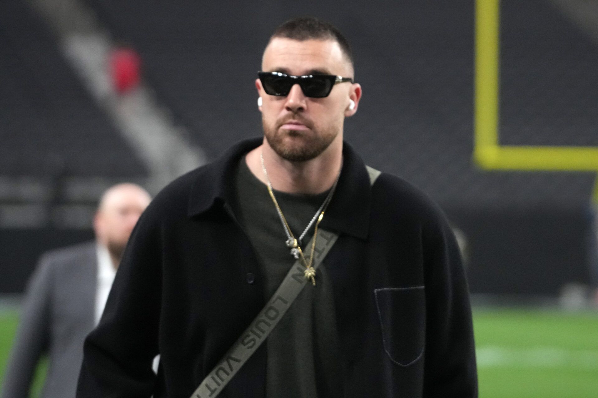 Kansas City Chiefs tight end Travis Kelce (87) arrives before the game against the Las Vegas Raiders at Allegiant Stadium.