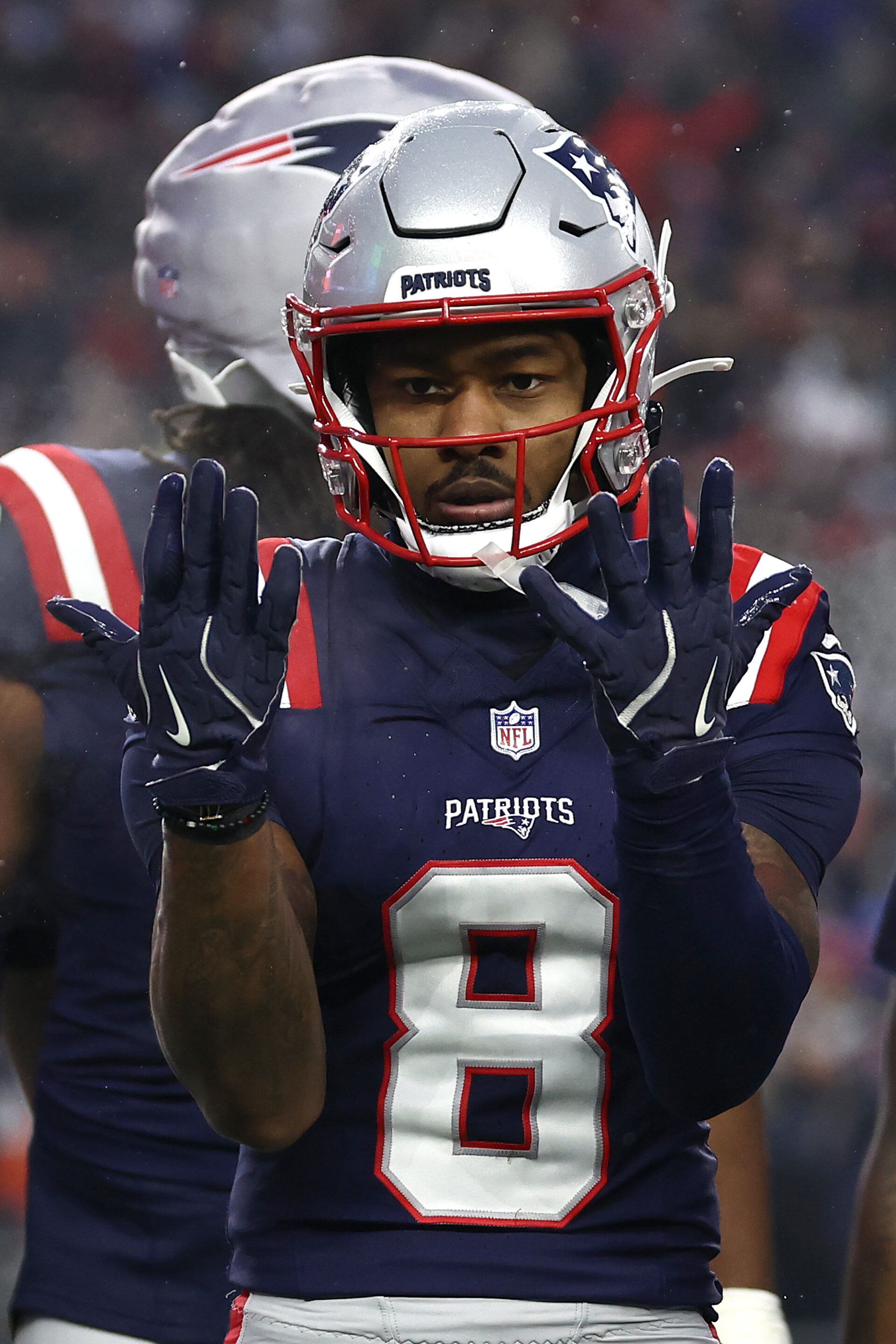 FOXBOROUGH, MASSACHUSETTS - JANUARY 18: Stefon Diggs #8 of the New England Patriots reacts after scoring a touchdown against the Houston Texans during the second quarter in the AFC Divisional Playoff game at Gillette Stadium on January 18, 2026 in Foxborough, Massachusetts. (Photo by Winslow Townson/Getty Images)