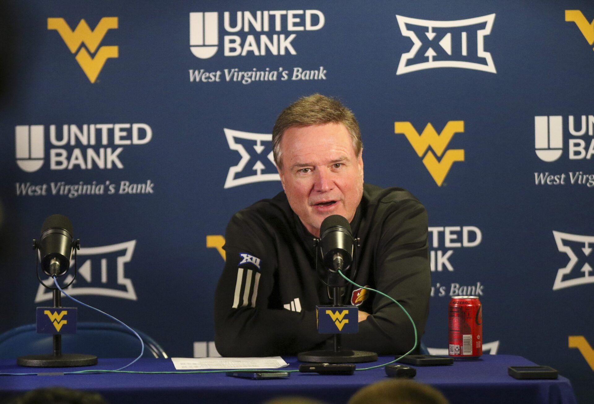 Kansas Jayhawks head coach Bill Self answers questions from the media after losing to the West Virginia Mountaineers at Hope Coliseum.