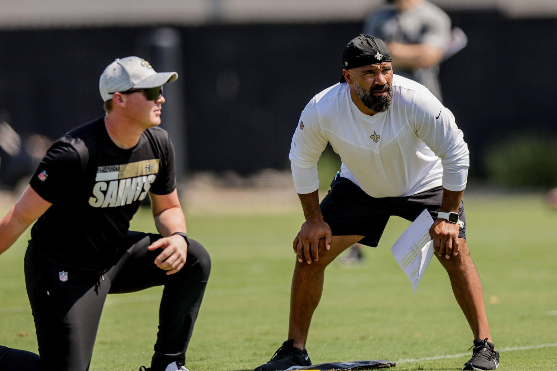 New Orleans Saints running back coach Joel Thomas looks on during rookie camp at the New Orleans Saints Training Facility.