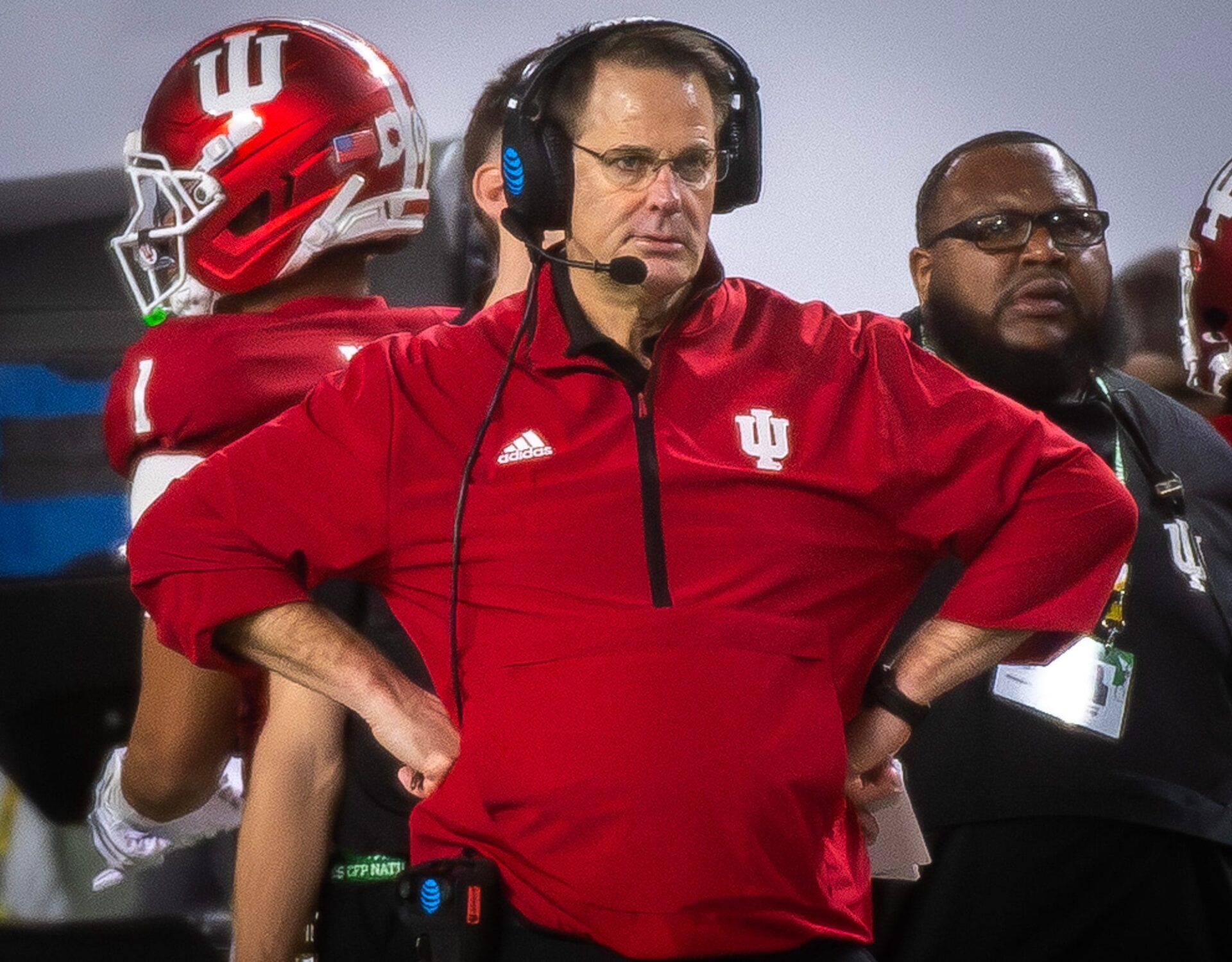 Indiana Head Coach Curt Cignetti stands with his hands on his hips during the College Football Playoff National Championship college football game at Hard Rock Stadium in Miami Gardens on Monday, Jan. 19, 2026.   © Rich Janzaruk/Herald-Times / USA TODAY NETWORK via Imagn Images