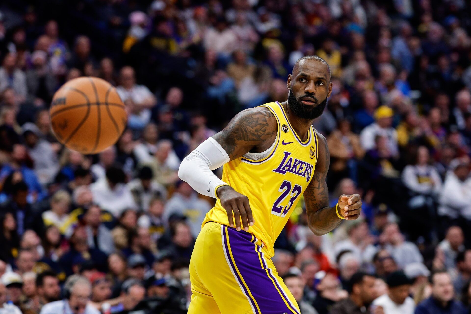 Los Angeles Lakers forward LeBron James (23) in the second quarter against the Denver Nuggets at Ball Arena.