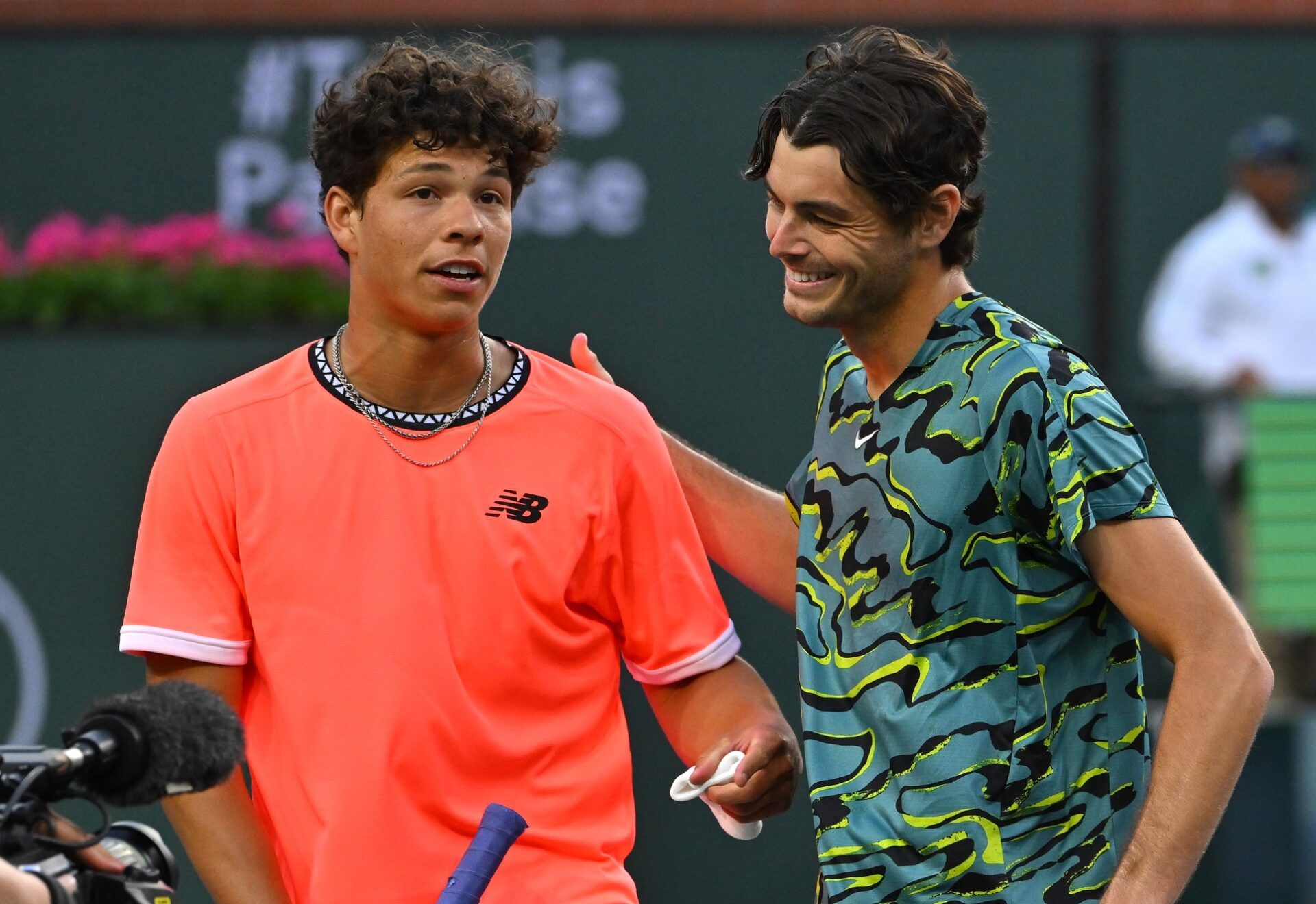 Ben Shelton (USA) congratulates Taylor Fritz (USA) after winning their second round match in the BNP Paribas Open at the Indian Wells Tennis Garden.