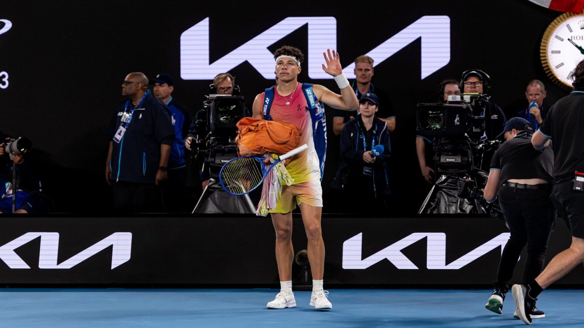 Ben Shelton of United States of America exits after his match against Jannik Sinner of Italy in the semifinals of the men's singles at the 2025 Australian Open at Melbourne Park.