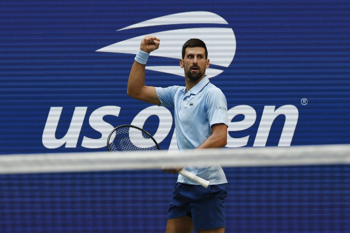 Novak Djokovic (SRB) reacts after winning a point against Carlos Alcaraz (ESP) (not pictured) in a men's singles semifinal on day thirteen of the 2025 US Open tennis championships at USTA Billie Jean King National Tennis Center.