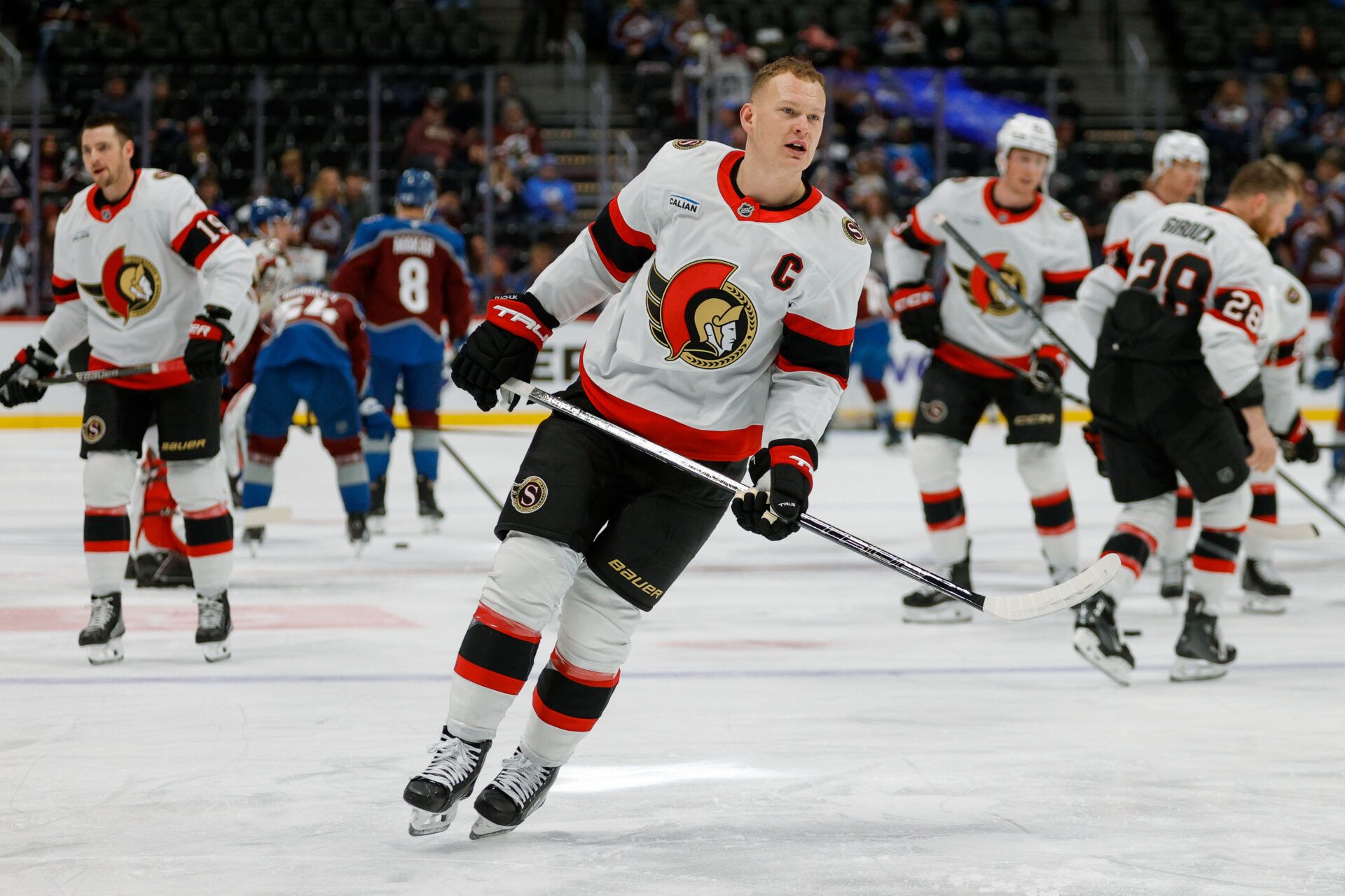 Ottawa Senators left wing Brady Tkachuk (7) before the game against the Colorado Avalanche at Ball Arena.