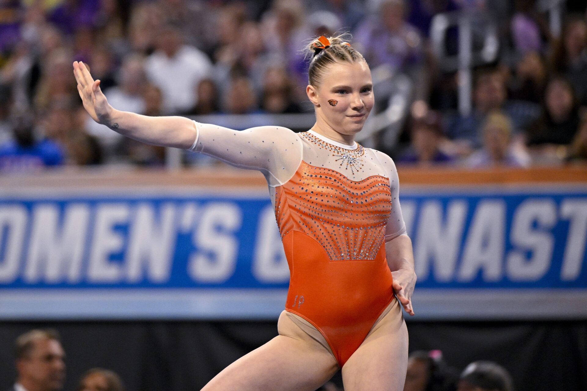 Oregon State Beavers gymnast Jade Carey performs on floor exercise during the 2025 Women's National Gymnastics Semifinal at Dickies Arena.