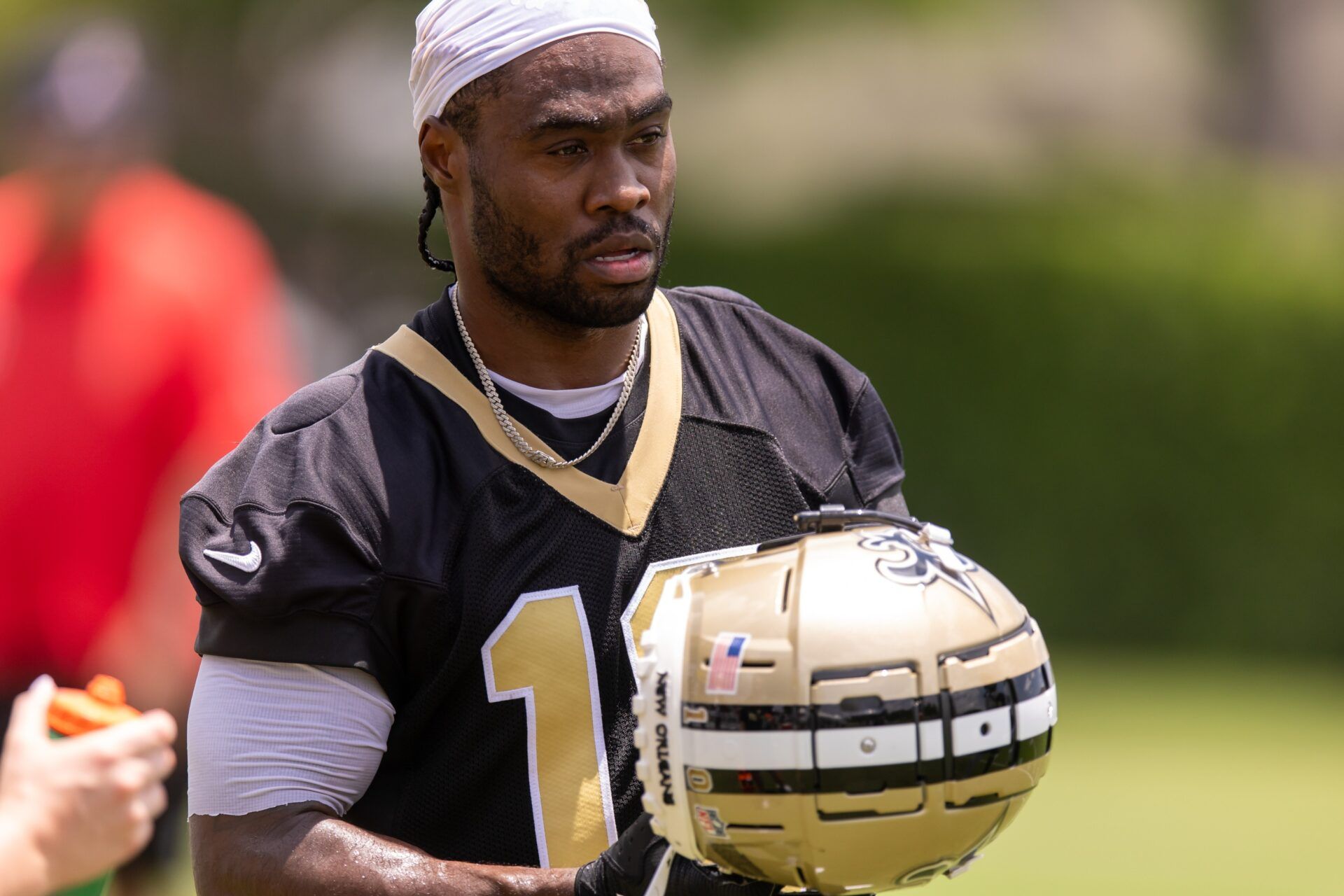 New Orleans Saints wide receiver Brandin Cooks (10) looks on during minicamp at Ochsner Sports Performance Center.