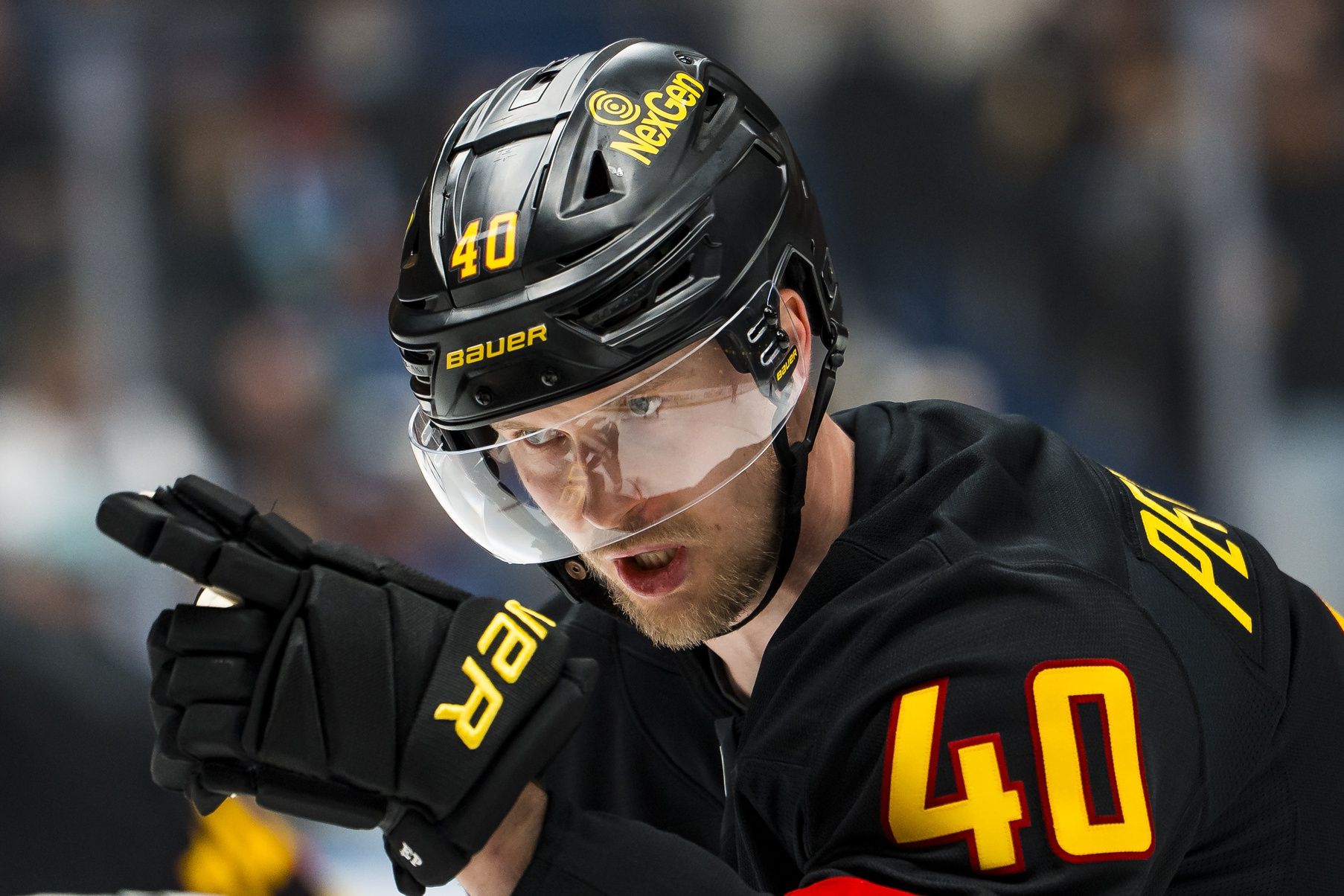 Vancouver Canucks forward Elias Pettersson (40) gives instructions before a face off against the Washington Capitals in the second period at Rogers Arena.
