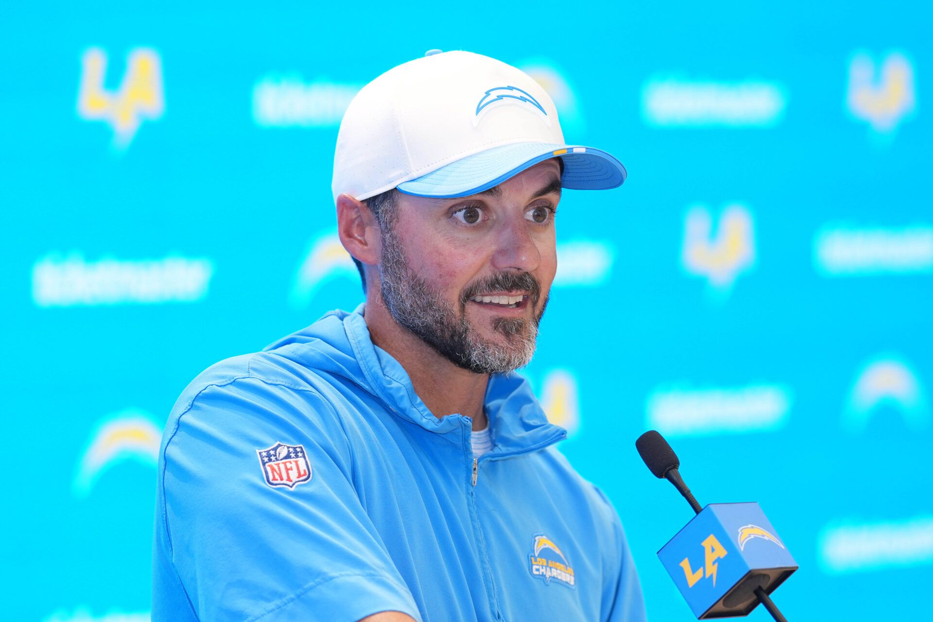 Los Angeles Chargers defensive coordinator Jesse Minter at press conference during training camp at The Bolt.