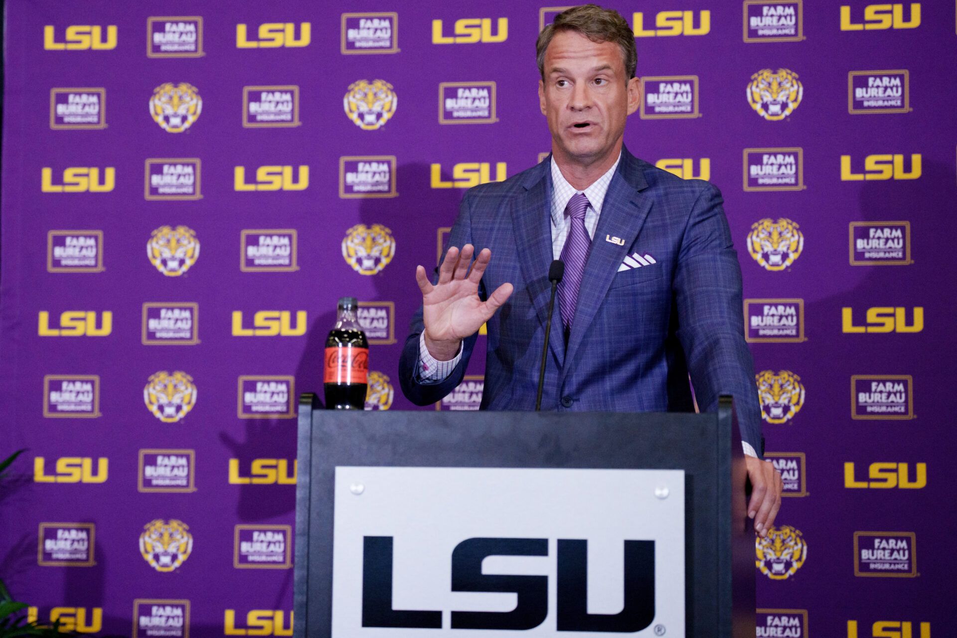 LSU new head coach Lane Kiffin speaks at South Stadium Club at Tiger Stadium.