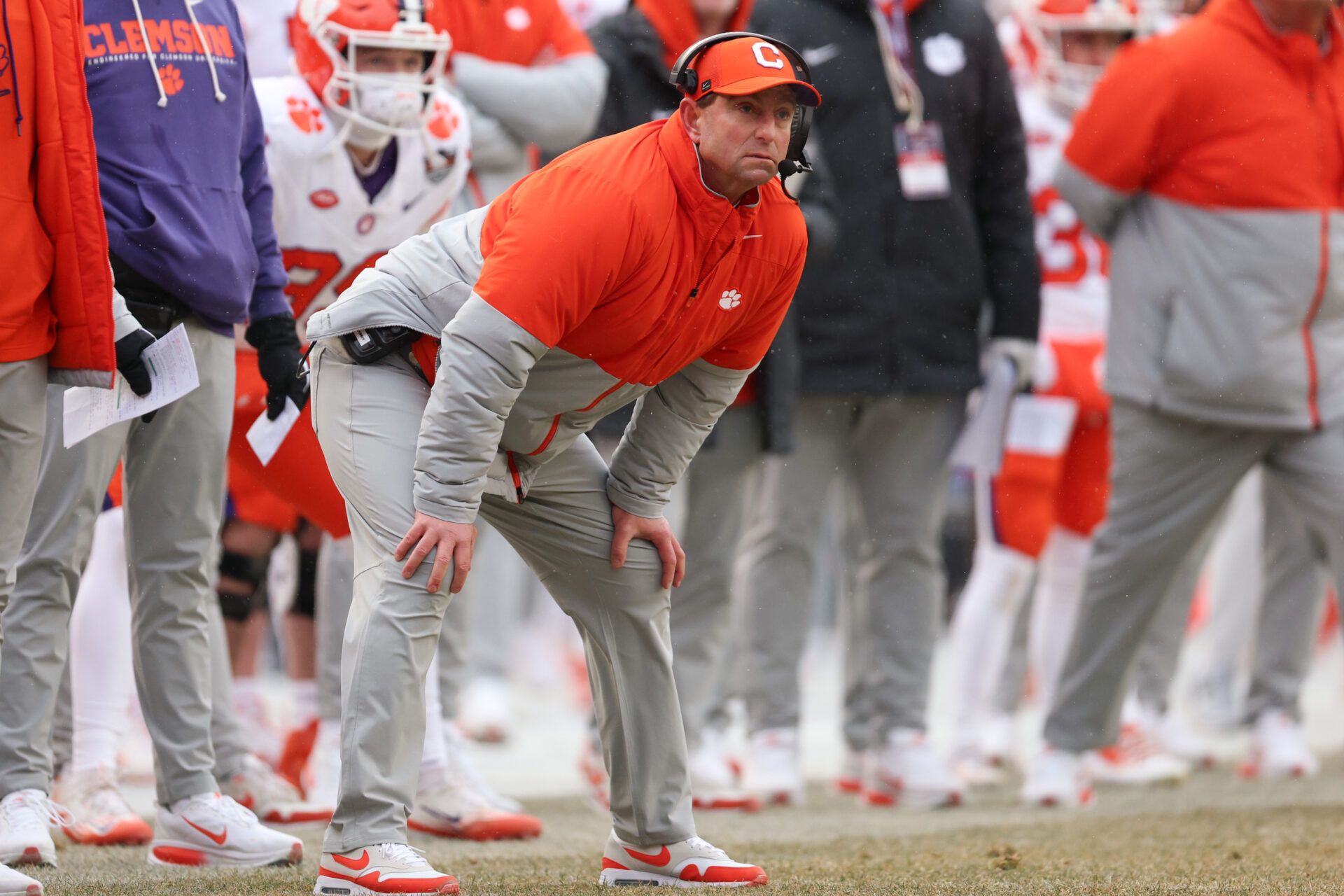Clemson Tigers head coach Dabo Swinney looks on during the first half of the 2025 Pinstripe Bowl against the Penn State Nittany Lions at Yankee Stadium.
