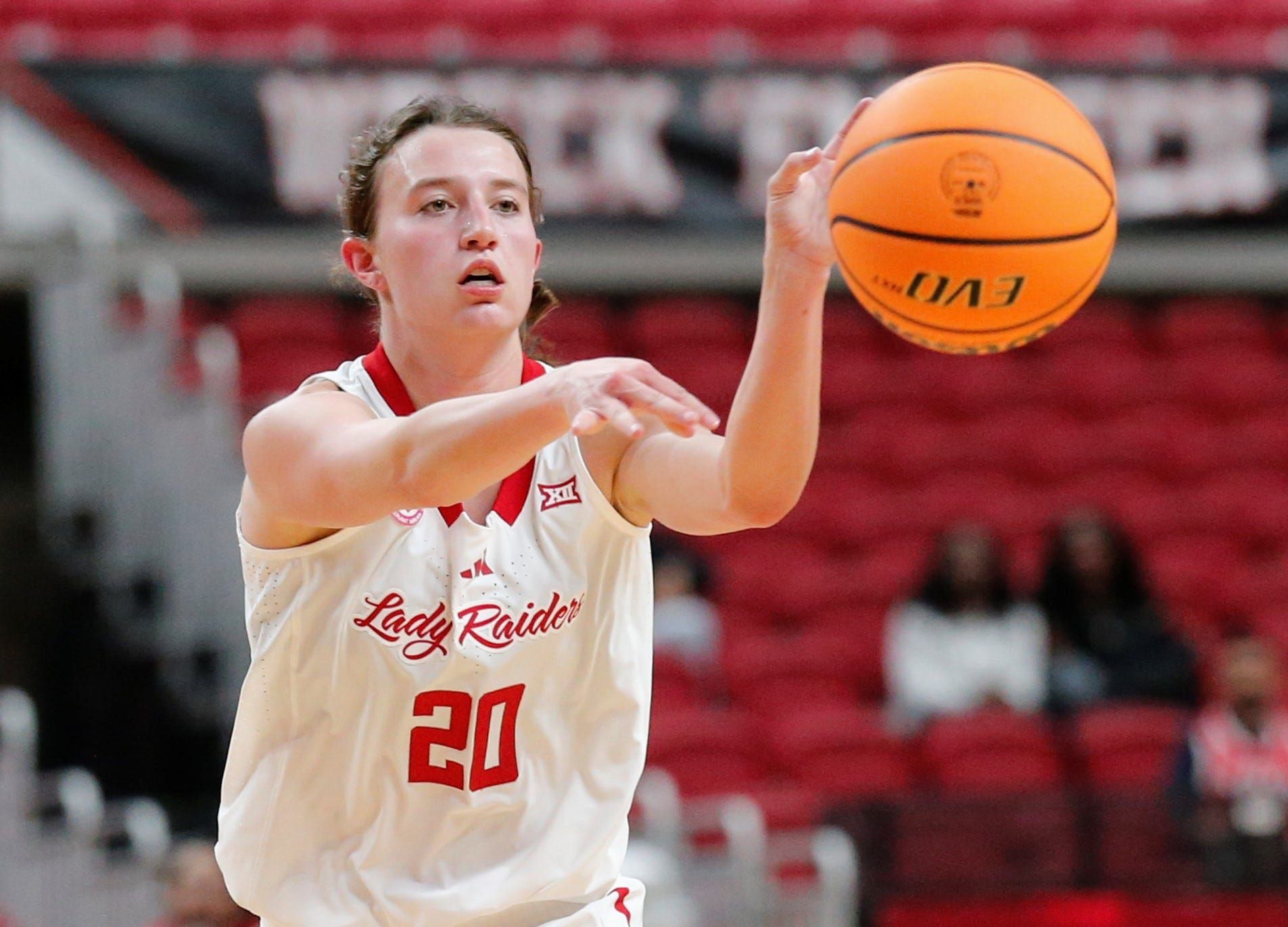 Texas Tech's Bailey Maupin passes the ball against North Carolina A&T in a non-conference women's basketball game Monday, Nov. 3, 2025, at United Supermarkets Arena. © Stephen Garcia/Avalanche-Journal / USA TODAY NETWORK via Imagn Images