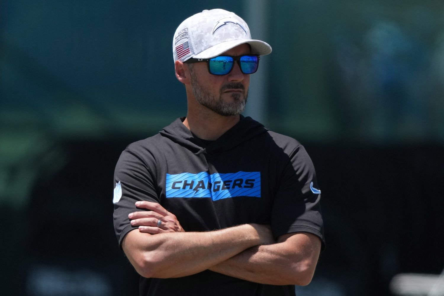 Los Angeles Chargers defensive coordinator Jesse Minter watches during organized team activities at The Bolt.