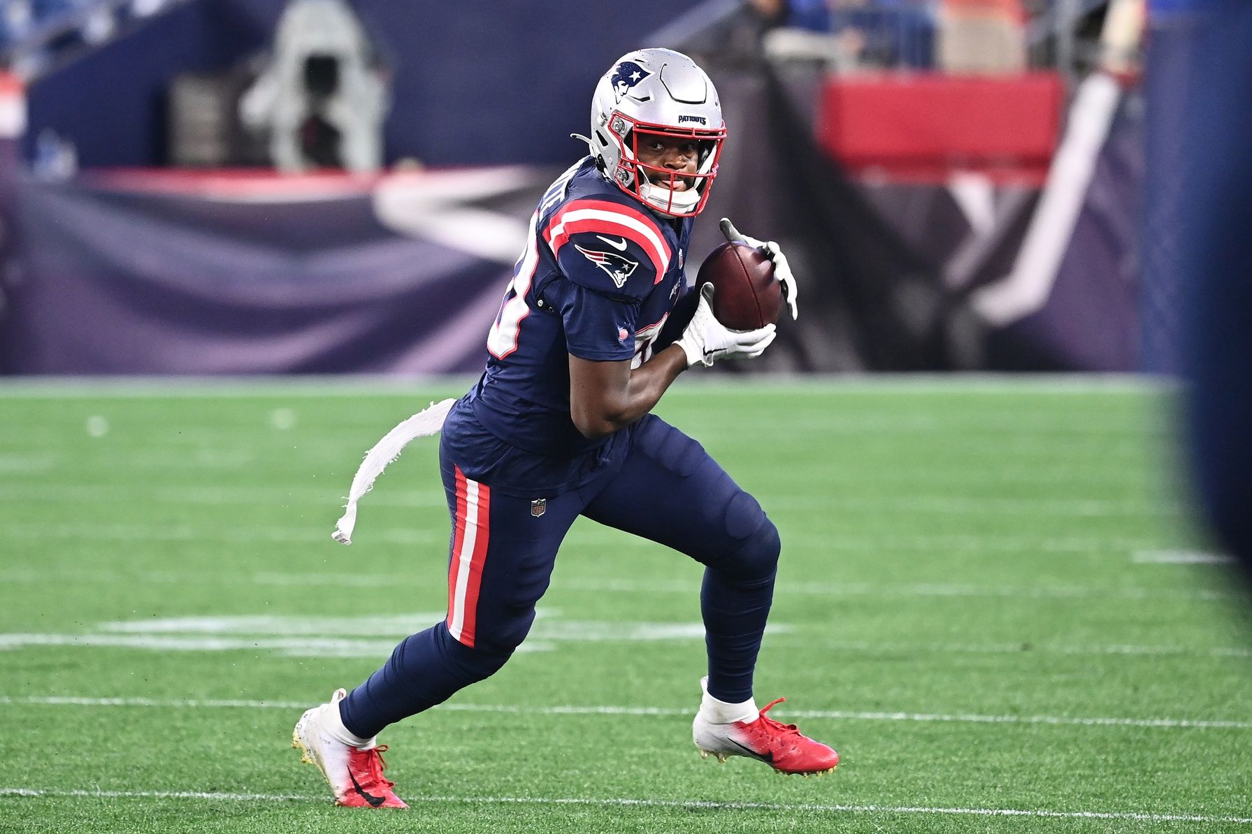 New England Patriots wide receiver Kayshon Boutte (80) runs after the catch during the first half against the Carolina Panthers at Gillette Stadium.