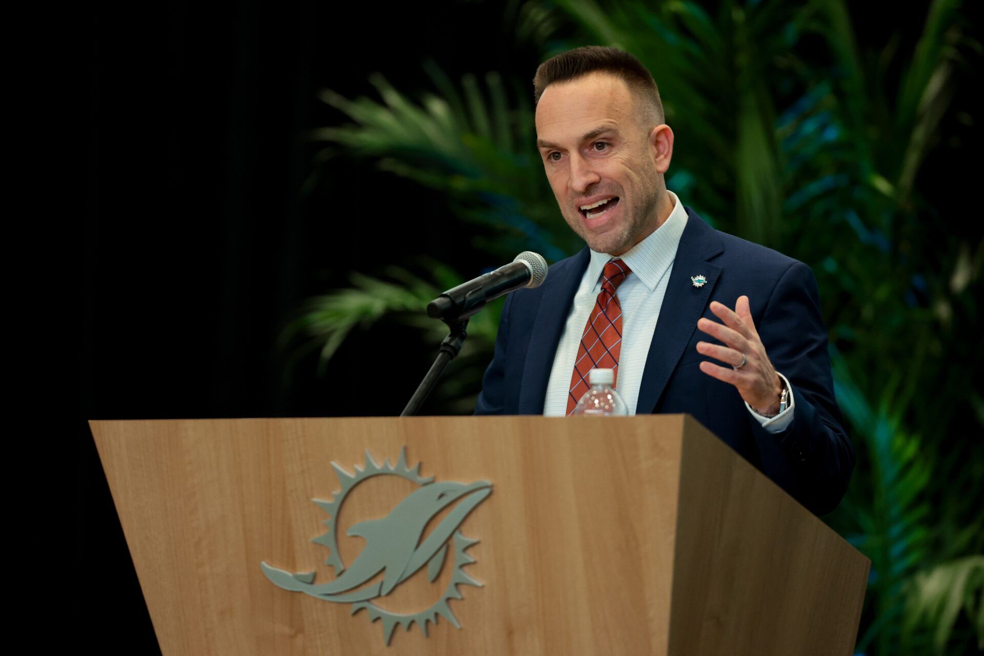 Miami Dolphins head coach Jeff Hafley speaks to reporters during his introductory press conference at Baptist Health Training Complex.