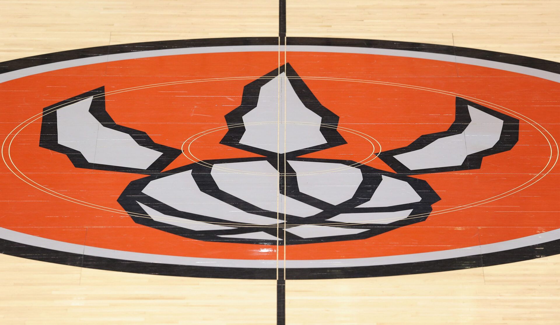 The Toronto Raptors logo at center court before the game against the Minnesota Timberwolves at Air Canada Centre. The Raptors beat the Timberwolves 94-89.