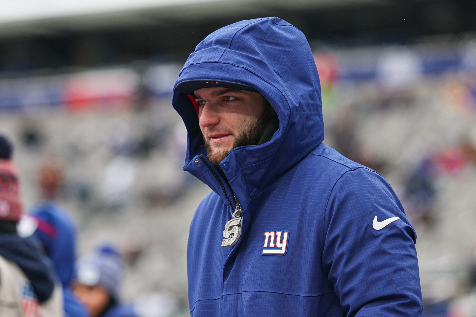 New York Giants running back Cam Skattebo (44) on the field before the game against the Washington Commanders at MetLife Stadium.