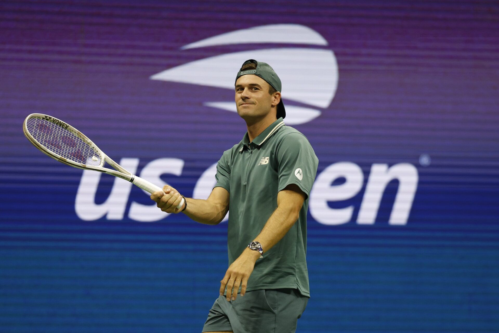 Tommy Paul (USA) gestures towards his plater's box after missing a shot against Alexander Bublik (KAZ) (not pictured) on day seven of the 2025 US Open tennis championships at Billie Jean King National Tennis Center.
