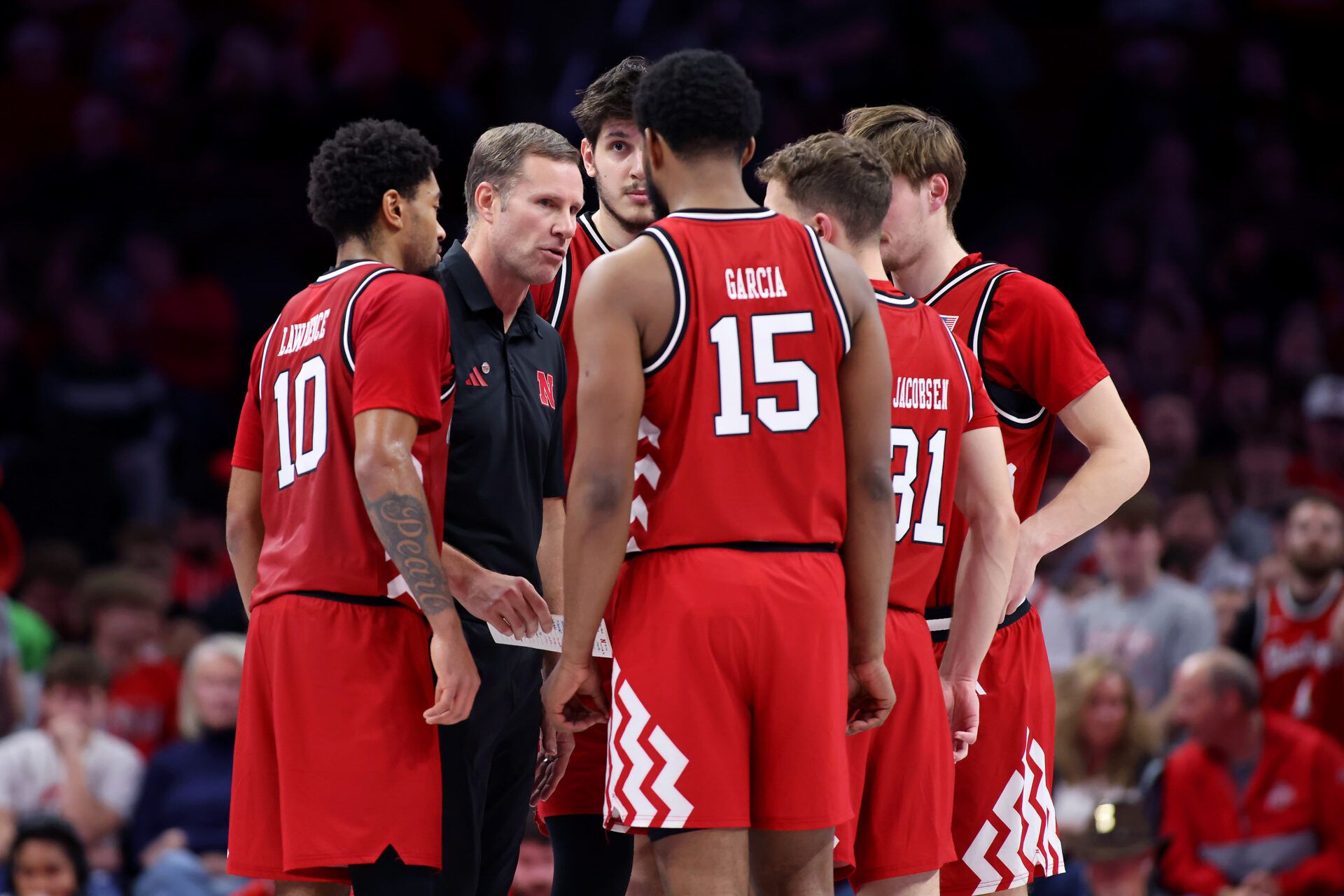 Nebraska Cornhuskers head coach Fred Hoiberg huddles with his team during the second half against the Ohio State Buckeyes at Value City Arena.