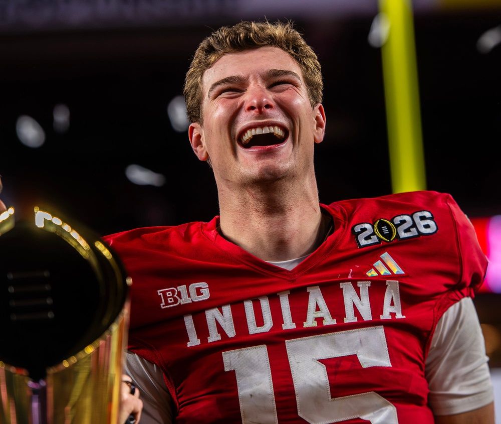 Indiana's Fernando Mendoza (15) smiles on the podium after the College Football Playoff National Championship college football game at Hard Rock Stadium in Miami Gardens on Monday, Jan. 19, 2026.
© Rich Janzaruk/Herald-Times / USA TODAY NETWORK via Imagn Images