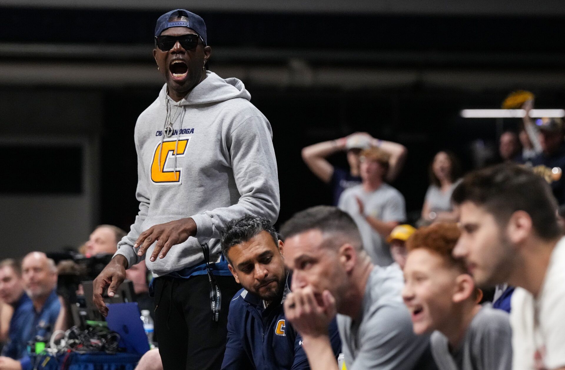 Terrell Owens yells from the sidelines Thursday, April 3, 2025, during the National Invitational Tournament at Hinkle Fieldhouse in Indianapolis.