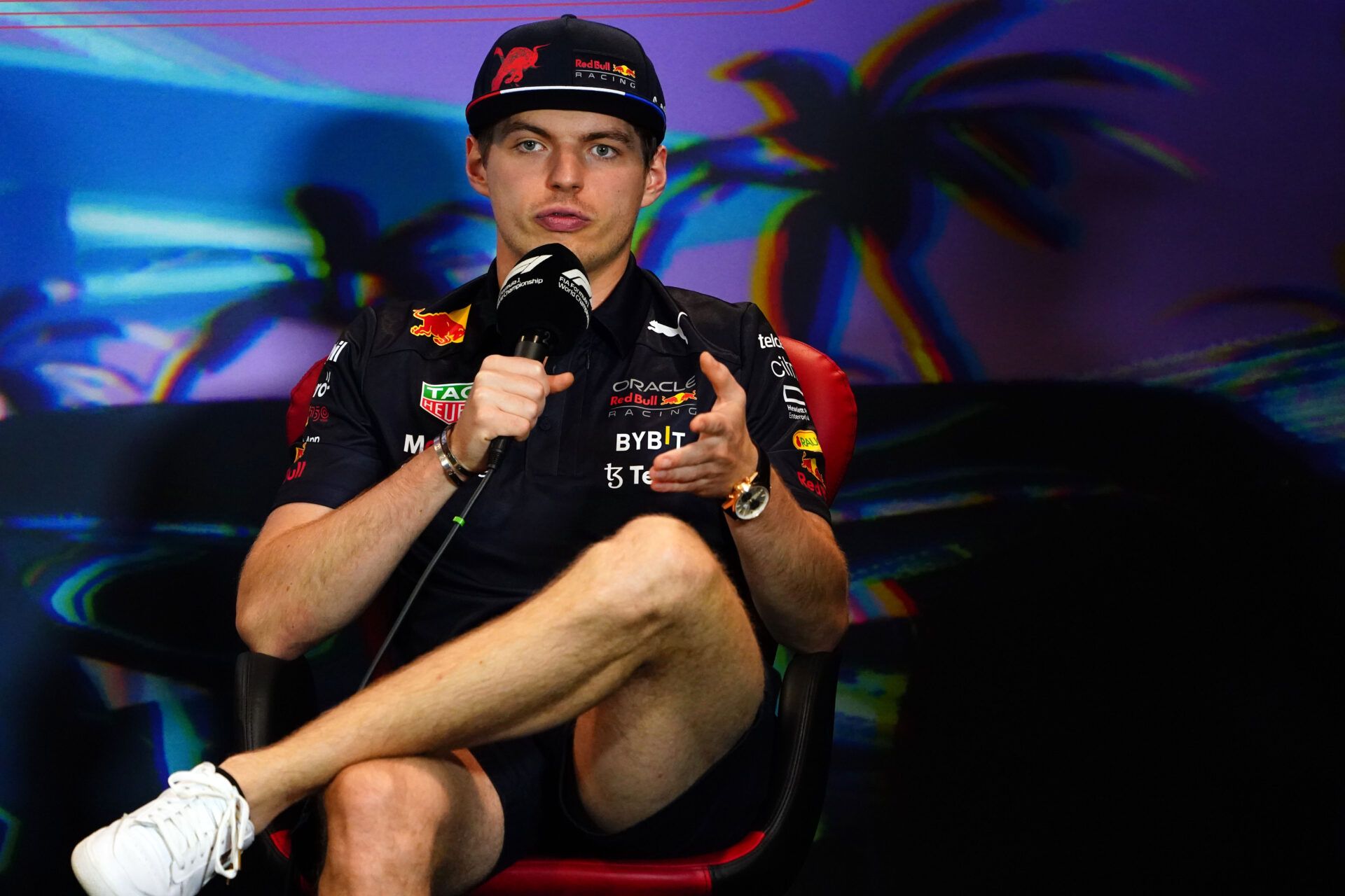 Red Bull driver Max Verstappen of the Netherlands talks with the media during a press conference before their practice session for the Miami Grand Prix at Miami International Autodrome.