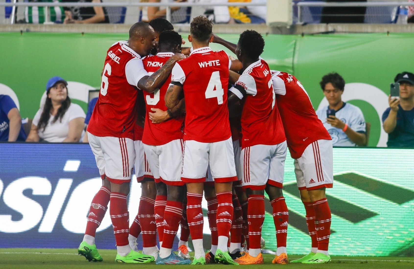 Arsenal forward Gabriel Jesus (9) celebrates with teammates after scoring during the first half against Chelsea at Camping World Stadium.