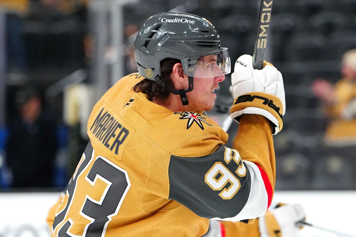 Vegas Golden Knights right wing Mitch Marner (93) warms up before a game against the Columbus Blue Jackets at T-Mobile Arena.