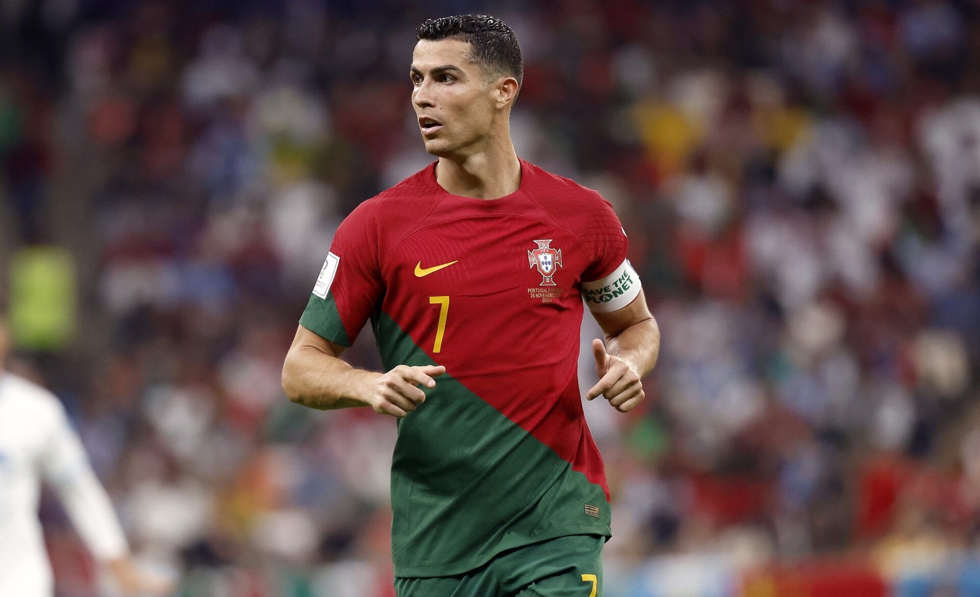 Portugal forward Cristiano Ronaldo (7) against Uruguay during the second half of the group stage match in the 2022 World Cup at Lusail Stadium.