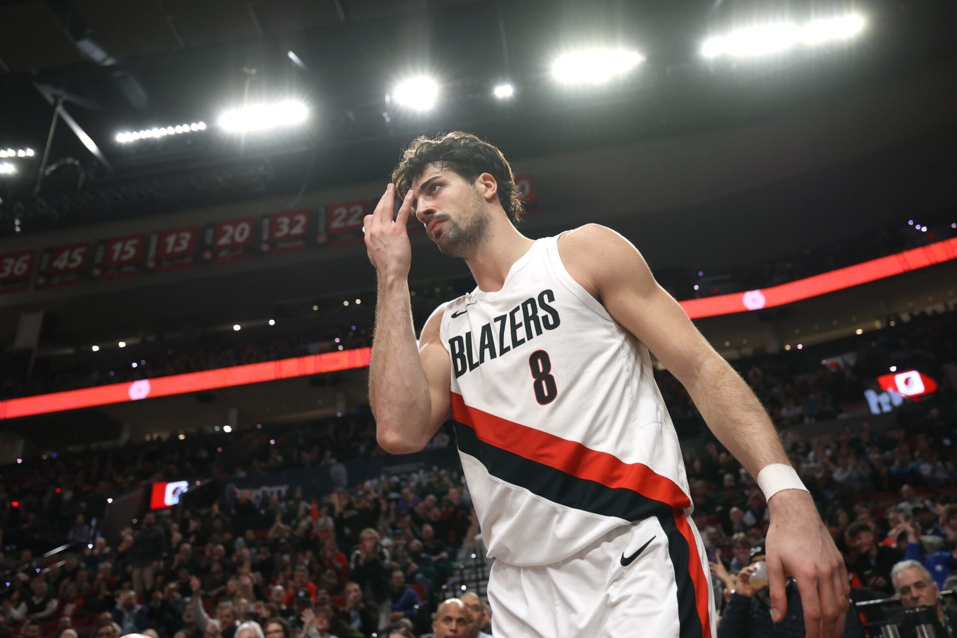 Portland Trail Blazers forward Deni Avdija (8)] reacts after scoring against the Houston Rockets during the second half at Moda Center.