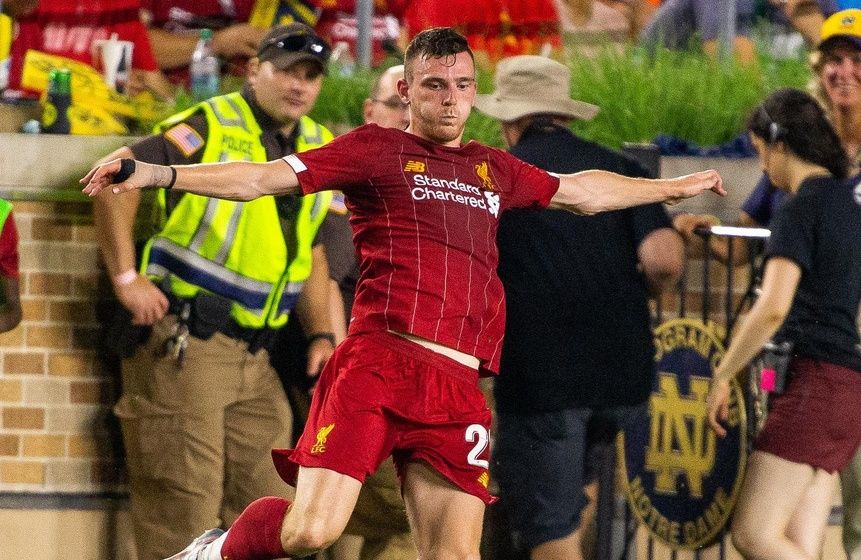 Liverpool defender Andrew Robertson (26) kicks the ball in the second half of a pre-season preparation soccer match against the Borussia Dortmund at Notre Dame.